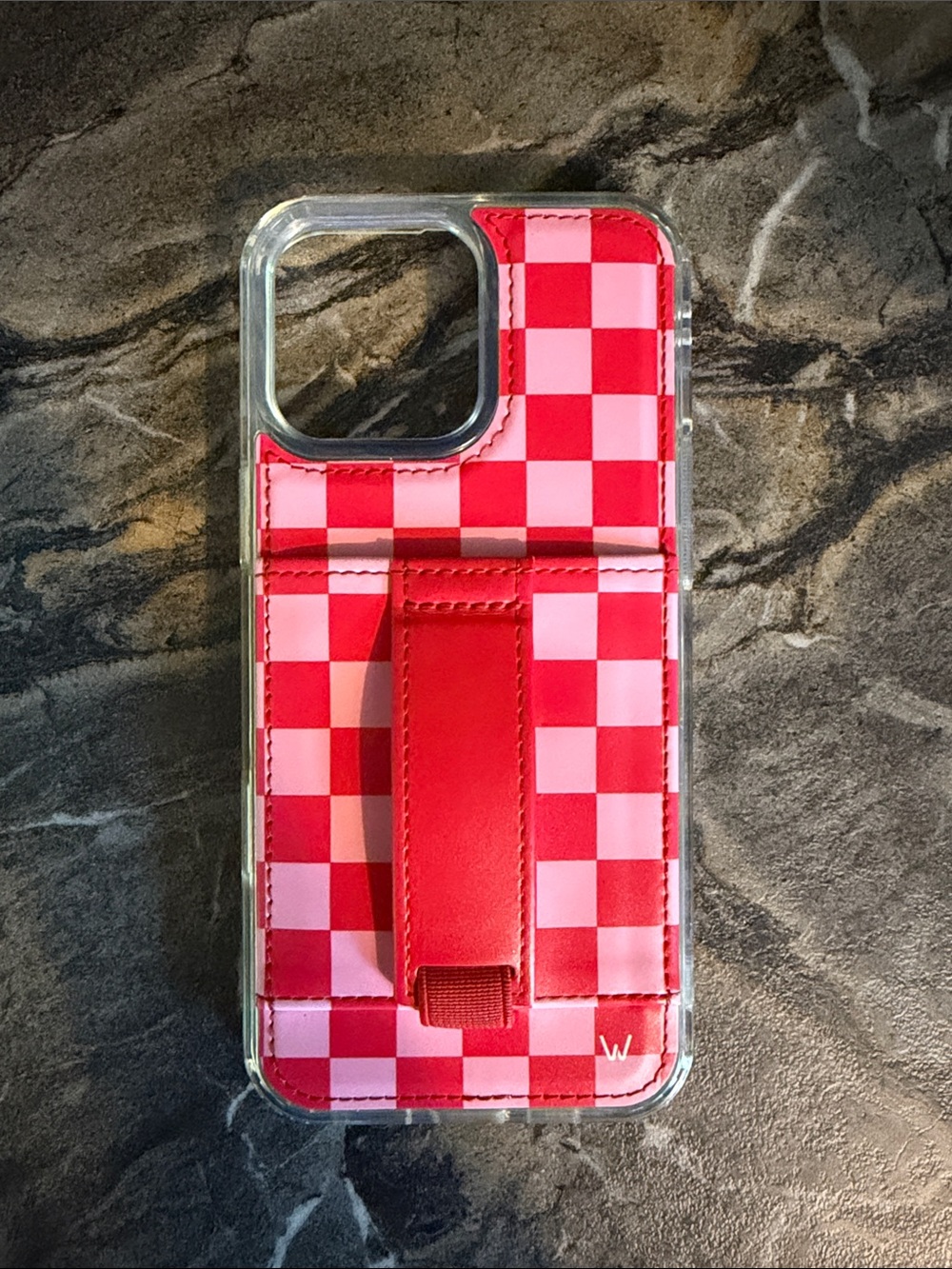 Wallis Red and Pink Checkered Phone Case with Red Hand Strap